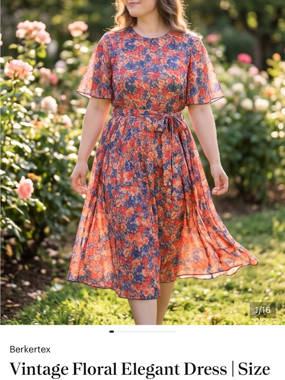 Orange and Blue Floral Midi Dress with Tie Waist